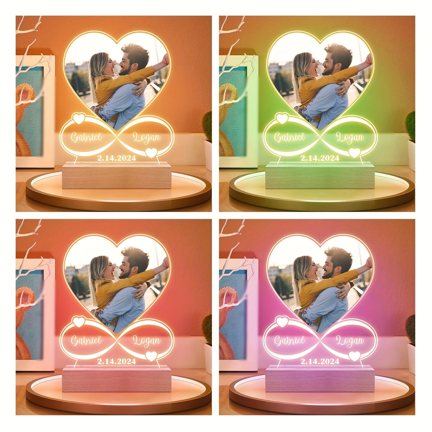 Personalized LED Heart Shaped Night Light Photo Frame with Wooden Stand - Custom Gifts for Mom, Dad, Anniversary, Birthday