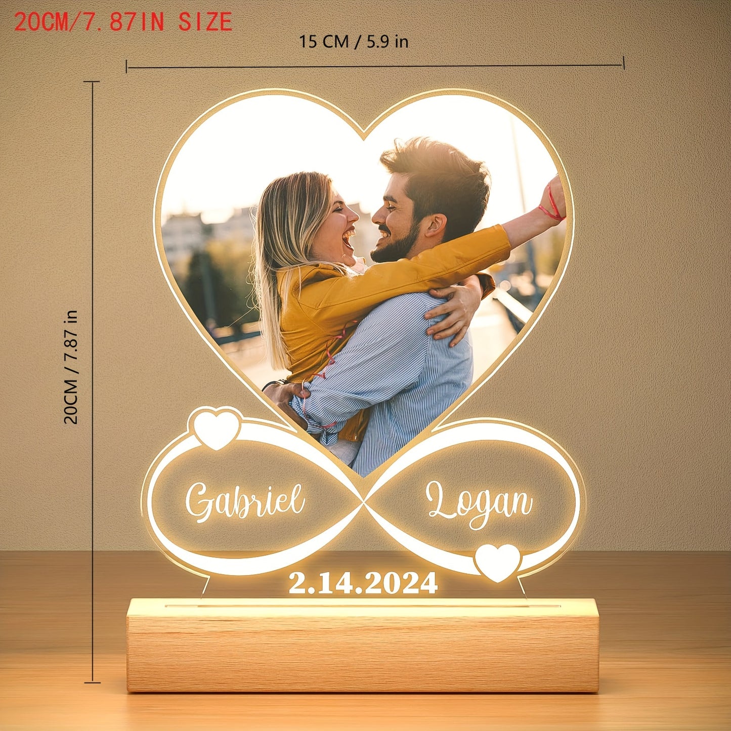 Personalized LED Heart Shaped Night Light Photo Frame with Wooden Stand - Custom Gifts for Mom, Dad, Anniversary, Birthday