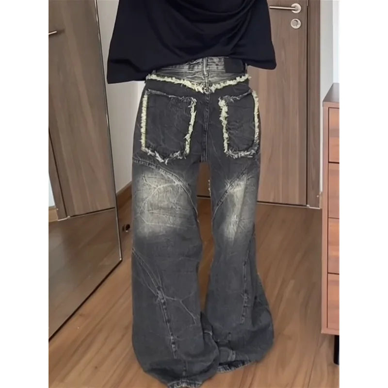 Schwarze Damenjeans Hip-Hop-Mode Vintage Streetwear Y2K Weites Bein Gerade Jeans Hohe Taille Baggy Cargo Denim Hose