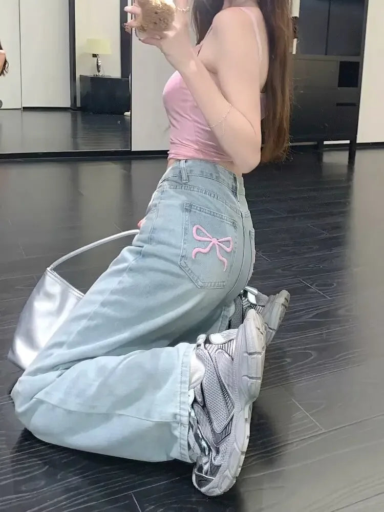 Wide Leg Jeans with Pink Bow Embroidered