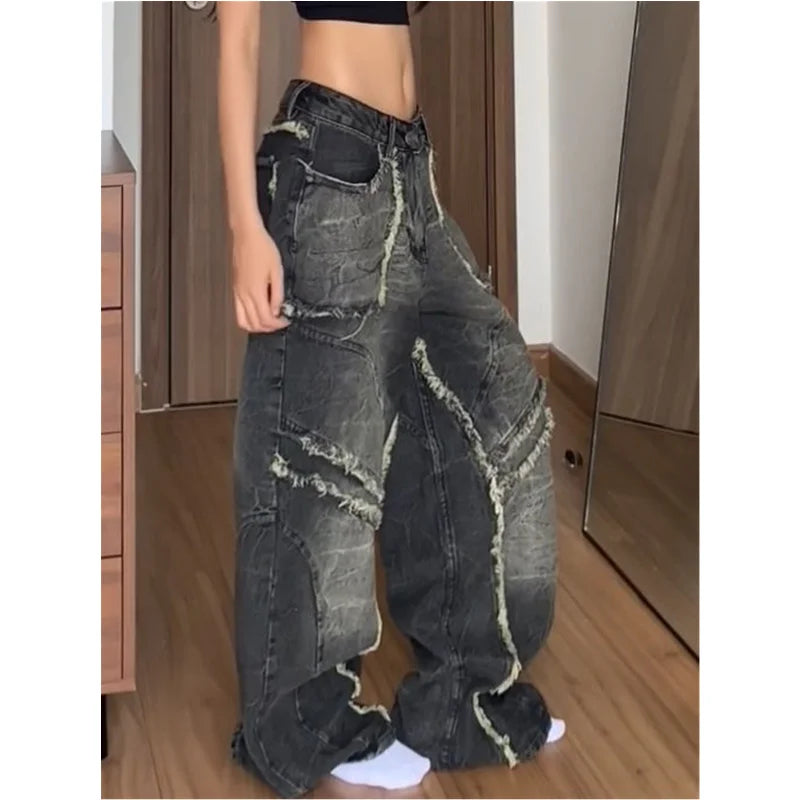 Schwarze Damenjeans Hip-Hop-Mode Vintage Streetwear Y2K Weites Bein Gerade Jeans Hohe Taille Baggy Cargo Denim Hose
