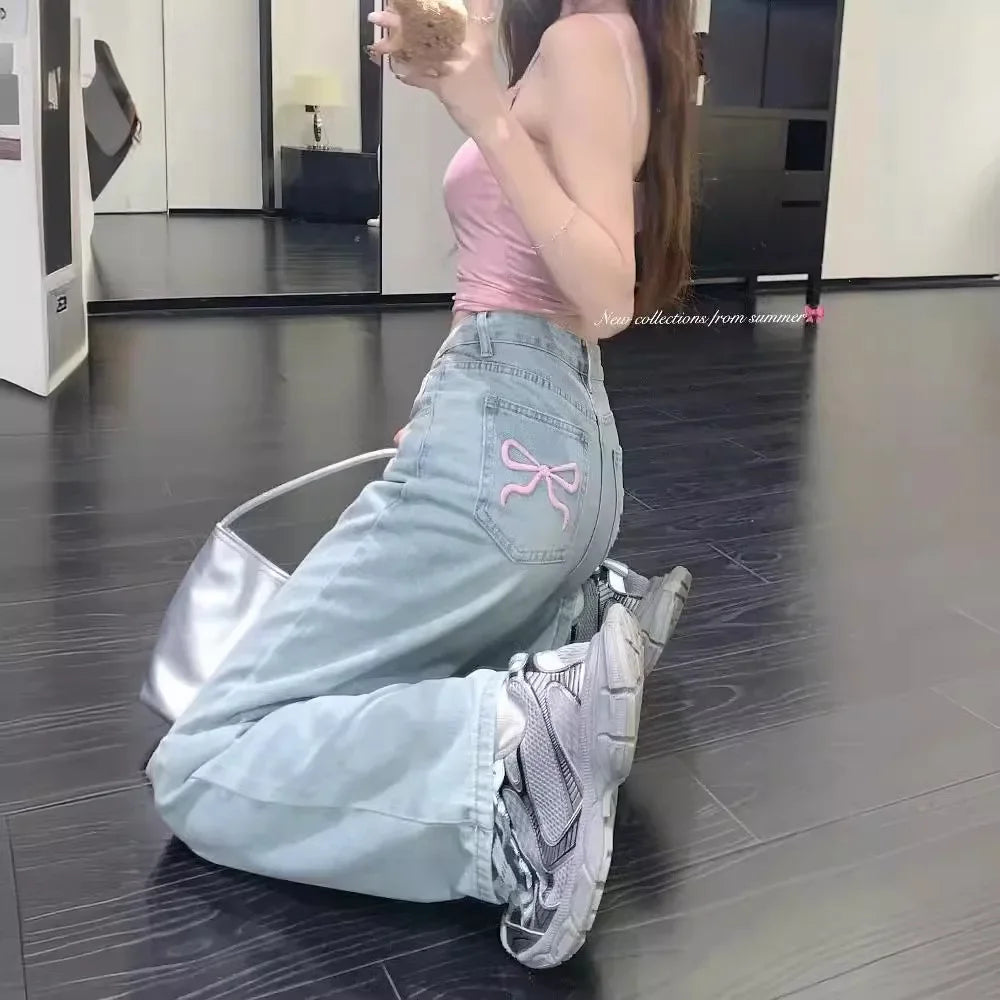 Wide Leg Jeans with Pink Bow Embroidered