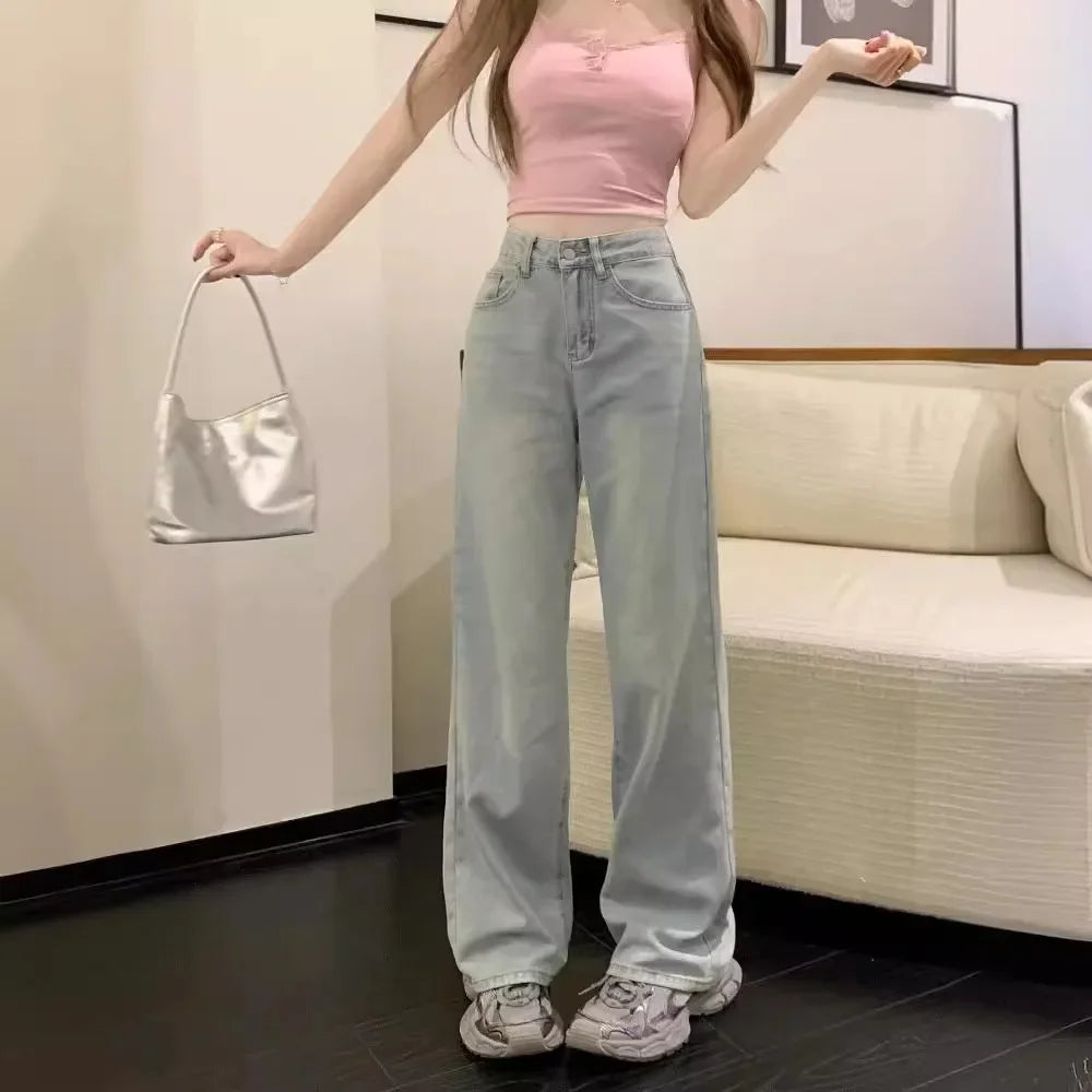 Wide Leg Jeans with Pink Bow Embroidered