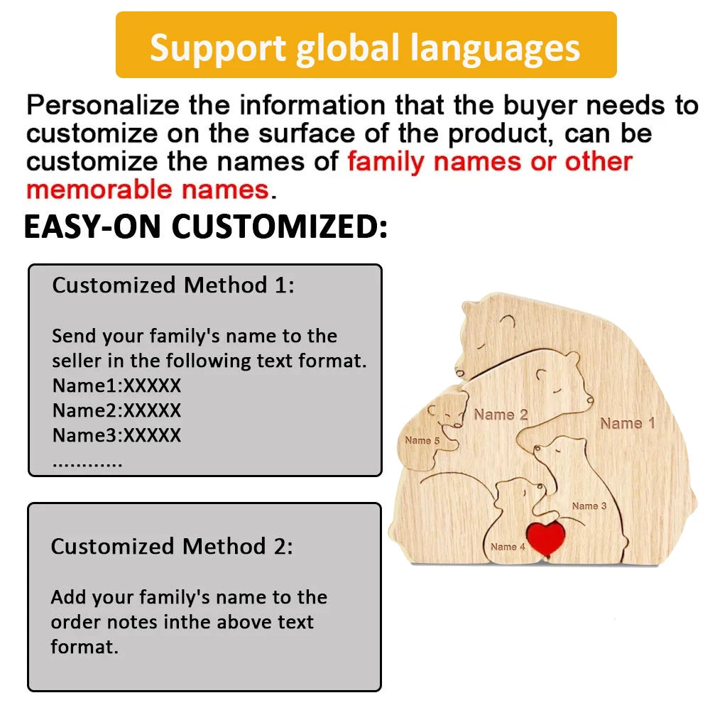 Animal Family Ornaments DIY Wood Carving Free Engraving Custom Name Figurines Home Bear Elephant Puzzle Mother's Birthday Gift