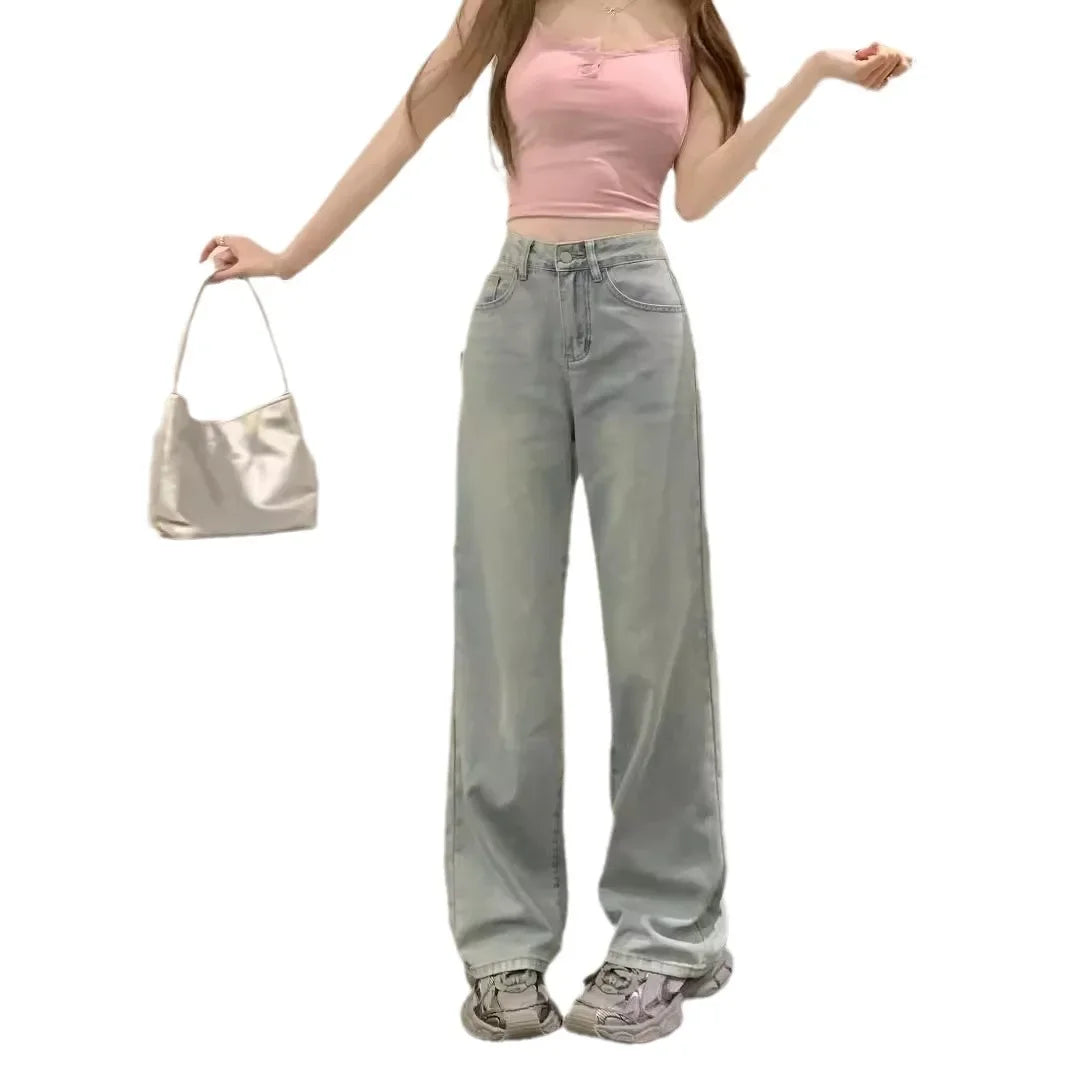 Wide Leg Jeans with Pink Bow Embroidered