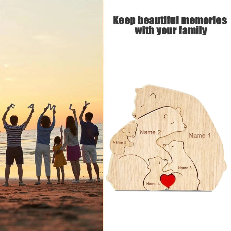 Animal Family Ornaments DIY Wood Carving Free Engraving Custom Name Figurines Home Bear Elephant Puzzle Mother's Birthday Gift