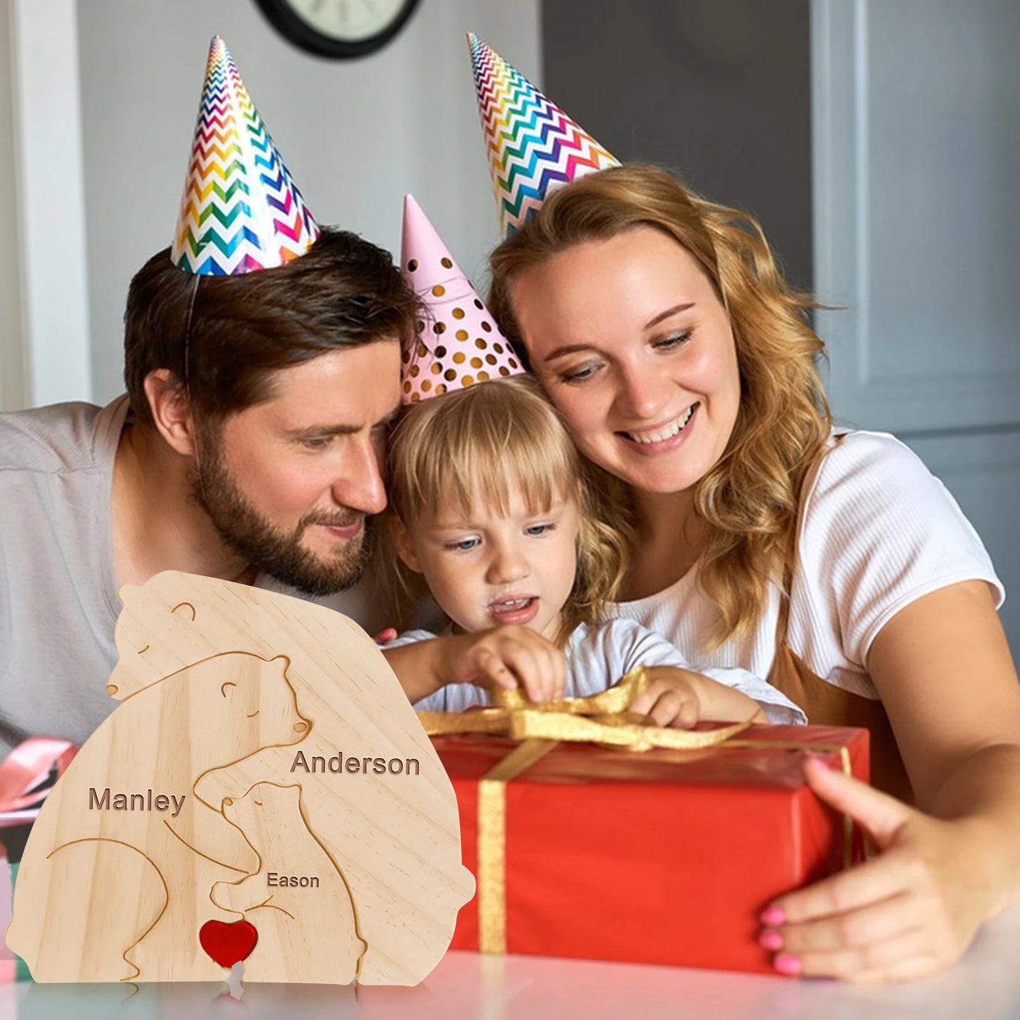 Animal Family Ornaments DIY Wood Carving Free Engraving Custom Name Figurines Home Bear Elephant Puzzle Mother's Birthday Gift