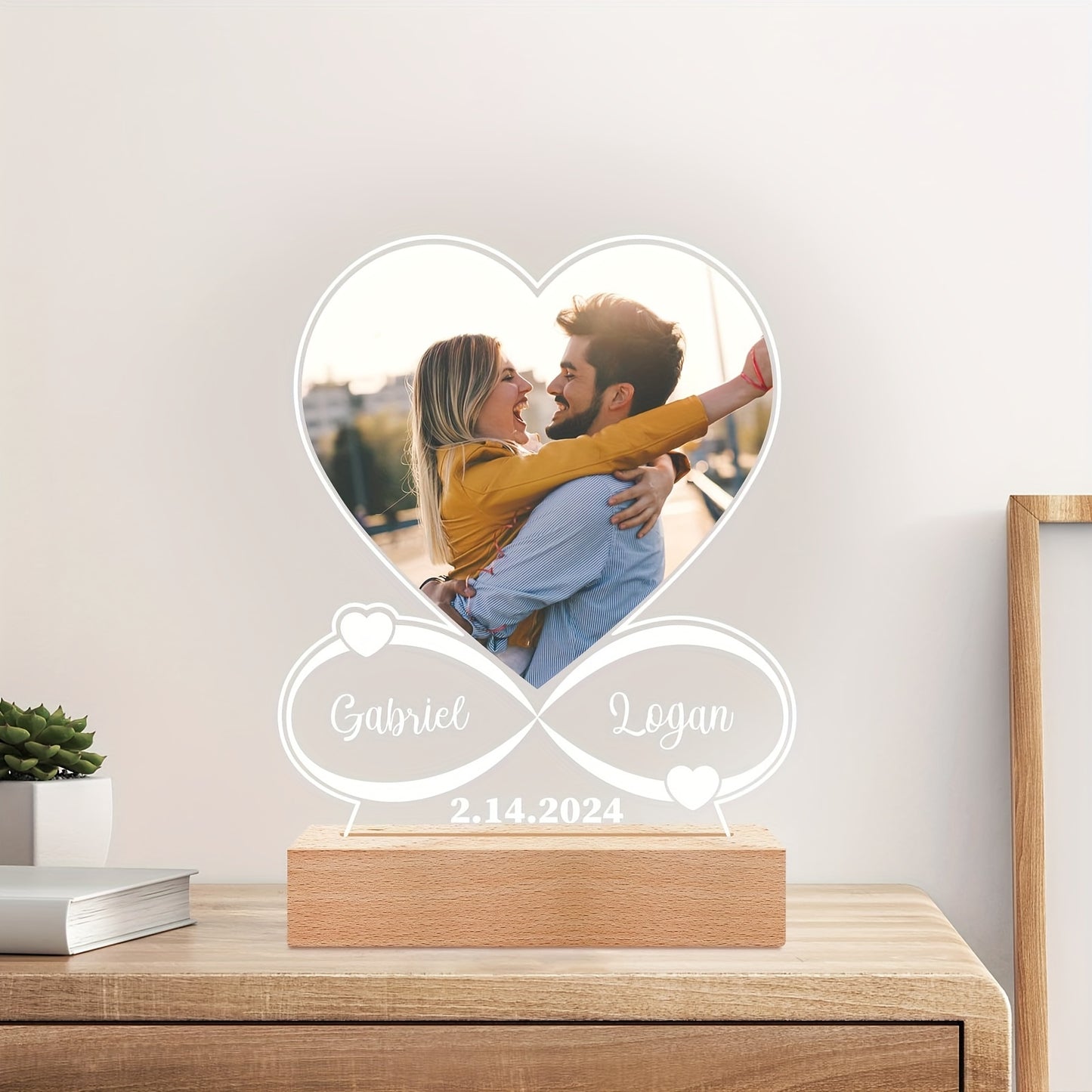 Personalized LED Heart Shaped Night Light Photo Frame with Wooden Stand - Custom Gifts for Mom, Dad, Anniversary, Birthday