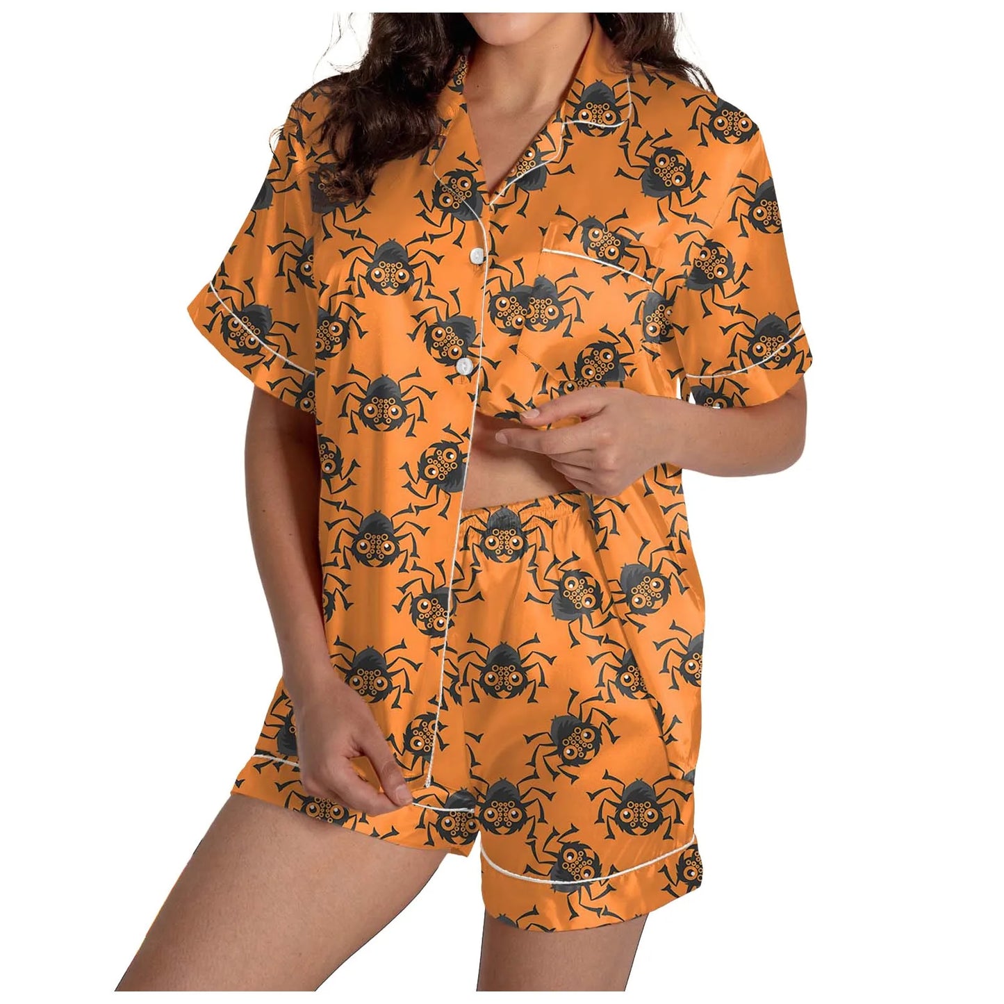 2-delige pyjamaset voor dames Halloween-nachthemd Zomer satijnen zijden shirt en korte broekset Dames 2024 Halloween grafische shortsset