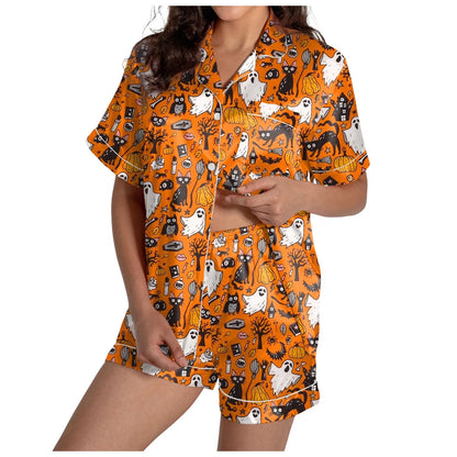 Halloween 2-teiliges Pyjama-Set für Damen mit Geister-Print, kurzärmliges Satin-Seidenhemd und kurzes Set, Damen-Outfits, Halloween-Nachthemd