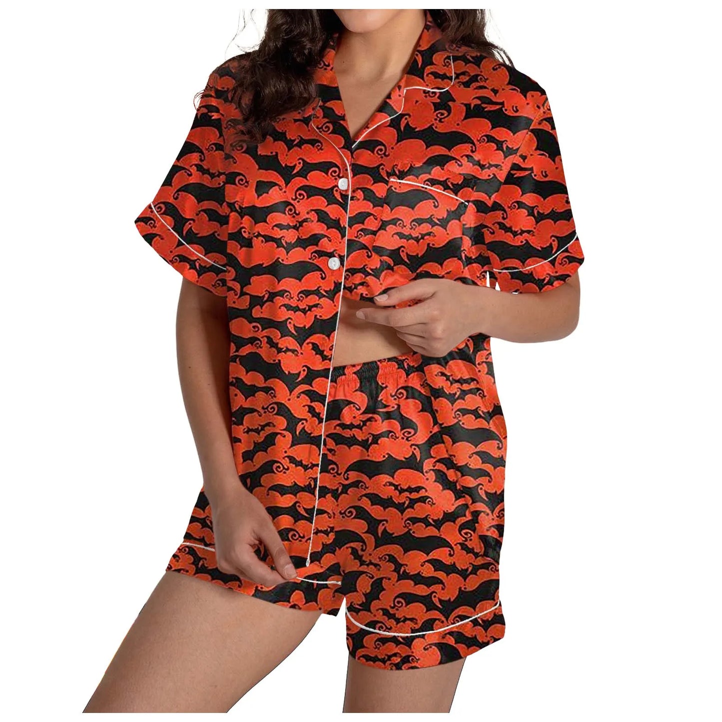 2-delige pyjamaset voor dames Halloween-nachthemd Zomer satijnen zijden shirt en korte broekset Dames 2024 Halloween grafische shortsset