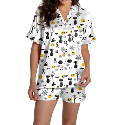 Ensemble de pyjama 2 pièces pour femme Halloween, chemise en satin de soie à manches courtes et short imprimé fantômes, tenues pour femmes, chemise de nuit d'Halloween