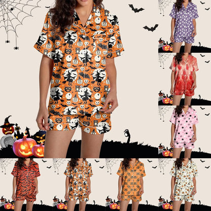 2-delige pyjamaset voor dames Halloween-nachthemd Zomer satijnen zijden shirt en korte broekset Dames 2024 Halloween grafische shortsset