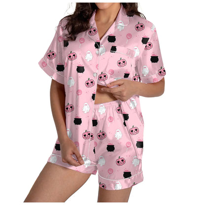 2-delige pyjamaset voor dames Halloween-nachthemd Zomer satijnen zijden shirt en korte broekset Dames 2024 Halloween grafische shortsset