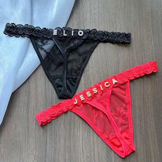 Persoonlijkheid Aangepaste naam Kristallen letter String Kant Bikini Slipje G-String Lage taille Slip Sexy Lichaamssieraden voor hete vrouw Cadeau