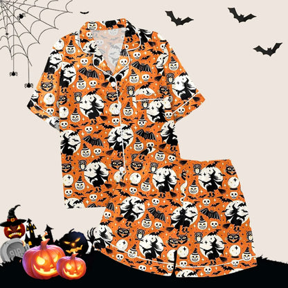 2-delige pyjamaset voor dames Halloween-nachthemd Zomer satijnen zijden shirt en korte broekset Dames 2024 Halloween grafische shortsset