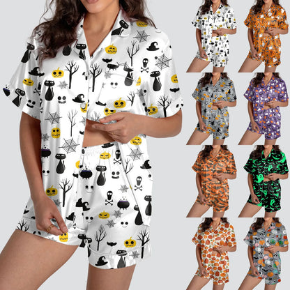 Halloween 2-teiliges Pyjama-Set für Damen mit Geister-Print, kurzärmliges Satin-Seidenhemd und kurzes Set, Damen-Outfits, Halloween-Nachthemd