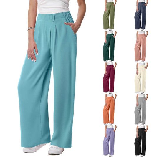 Womens Solid Color Pocket Straight Tube Loose Stretch Yoga Pants Streetwear Stretchy Palazzo Pants For Women Baggy Joggers Pants