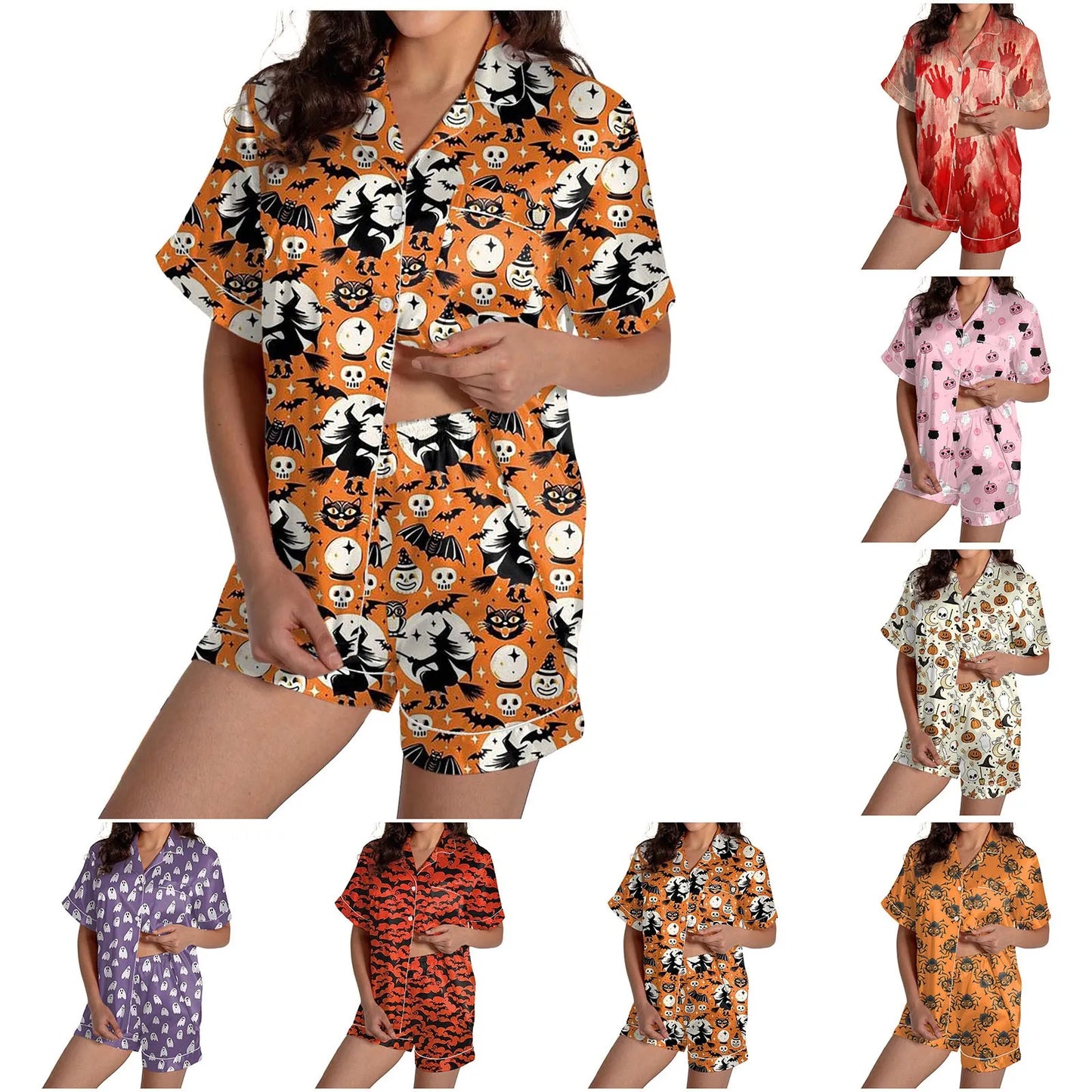 2-delige pyjamaset voor dames Halloween-nachthemd Zomer satijnen zijden shirt en korte broekset Dames 2024 Halloween grafische shortsset