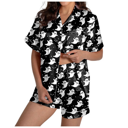 Ensemble de pyjama 2 pièces pour femme Halloween, chemise en satin de soie à manches courtes et short imprimé fantômes, tenues pour femmes, chemise de nuit d'Halloween