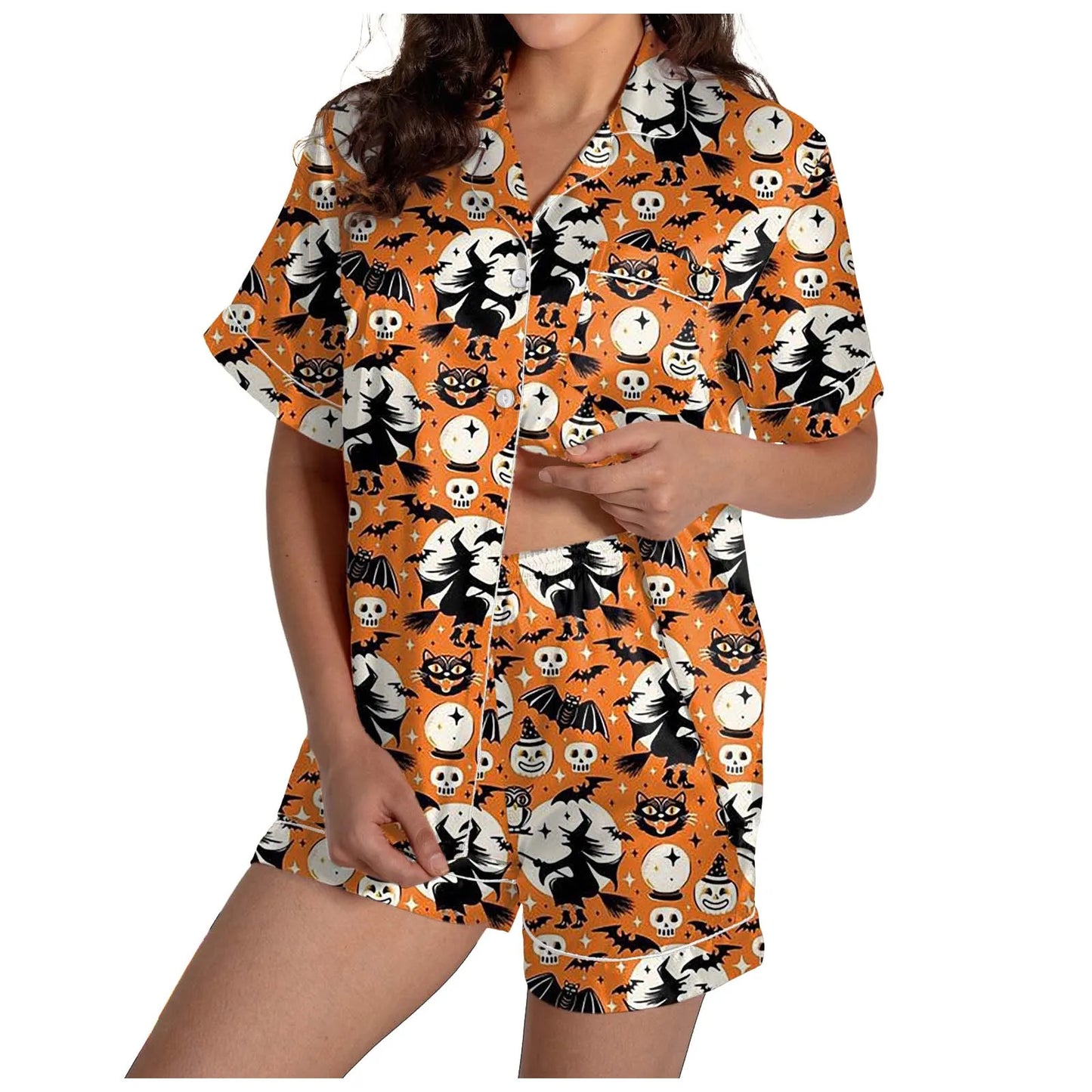 2-delige pyjamaset voor dames Halloween-nachthemd Zomer satijnen zijden shirt en korte broekset Dames 2024 Halloween grafische shortsset