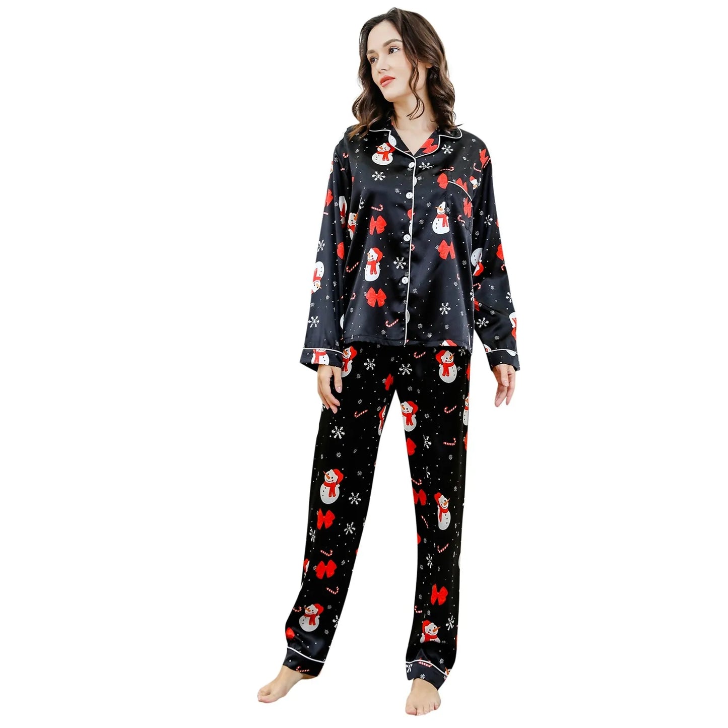 Christmas Snowman Print Pajama Sets For Women Long Sleeve Button Down Sleepwear Casual Comfort Breathable Trousers Pajamas Sets