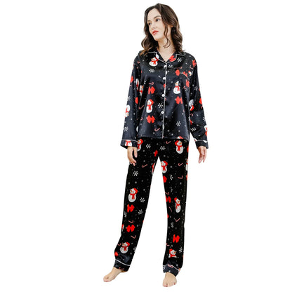 Christmas Snowman Print Pajama Sets For Women Long Sleeve Button Down Sleepwear Casual Comfort Breathable Trousers Pajamas Sets