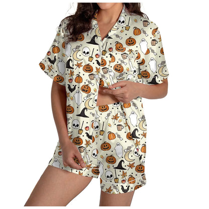 2-delige pyjamaset voor dames Halloween-nachthemd Zomer satijnen zijden shirt en korte broekset Dames 2024 Halloween grafische shortsset